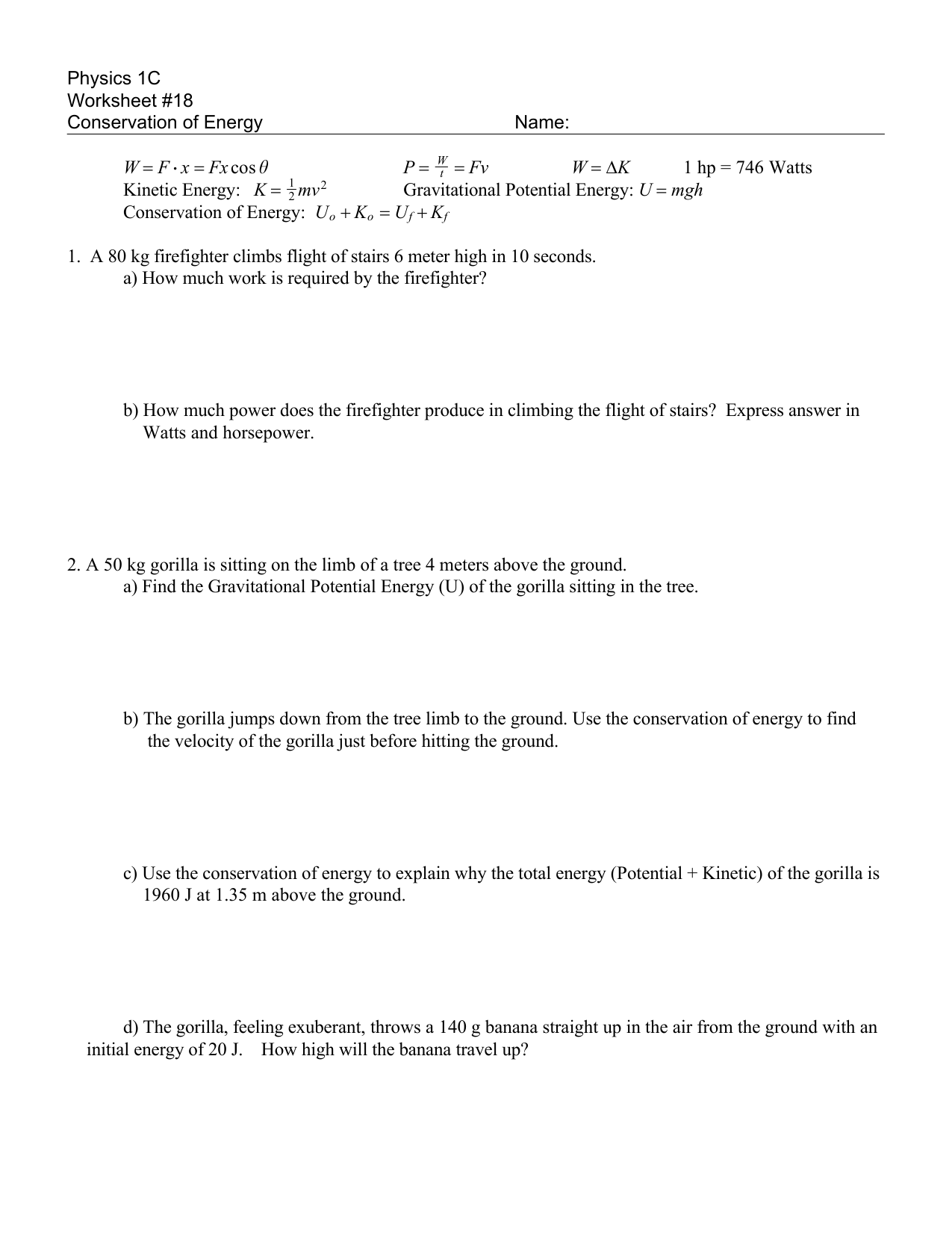 Physics 20C Worksheet #208 Conservation of Energy Within Work And Energy Worksheet Answers