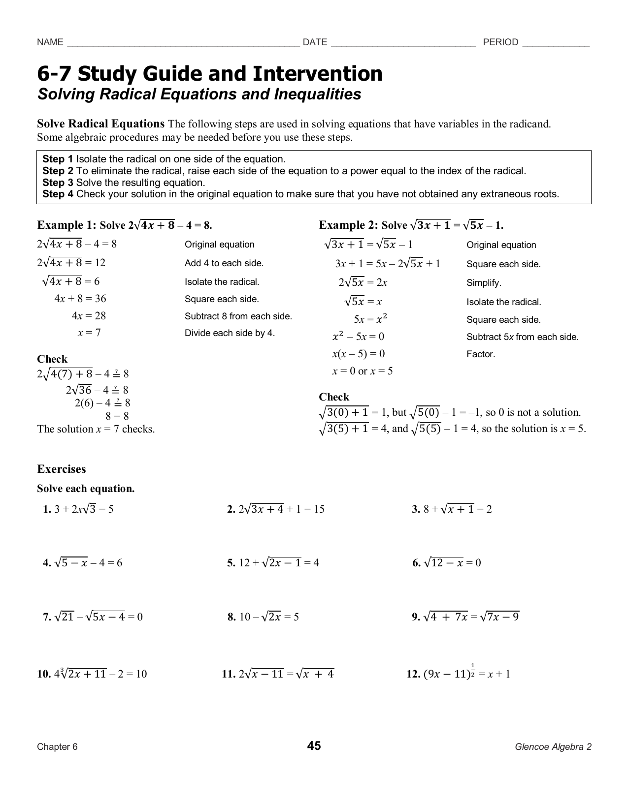 20.20 Solving Radical Equations and Inequalities Inside Solving Radical Equations Worksheet