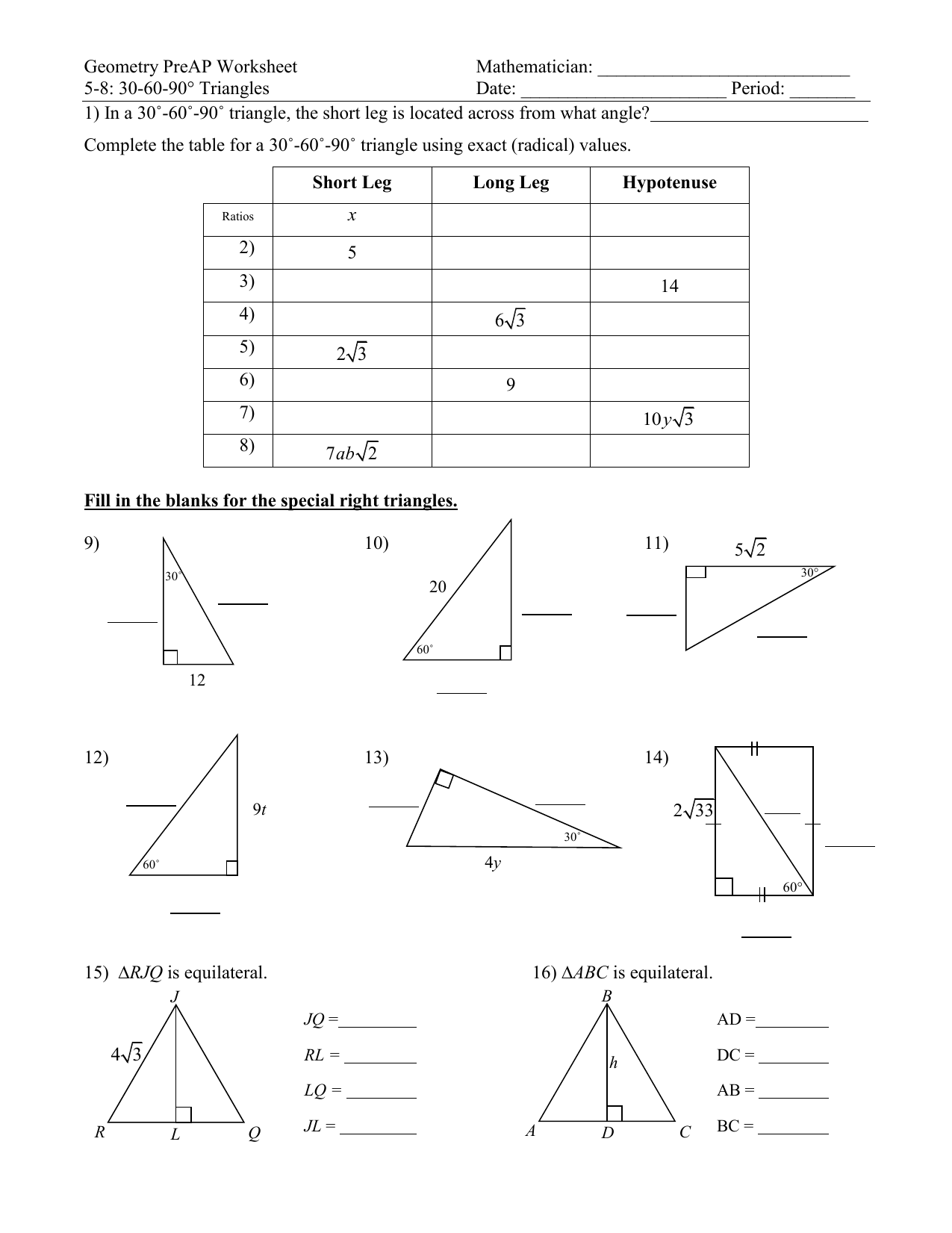 11 11 Geometry PreAP Worksheet Mathematician: 11-11: 11-11 Within 30 60 90 Triangles Worksheet