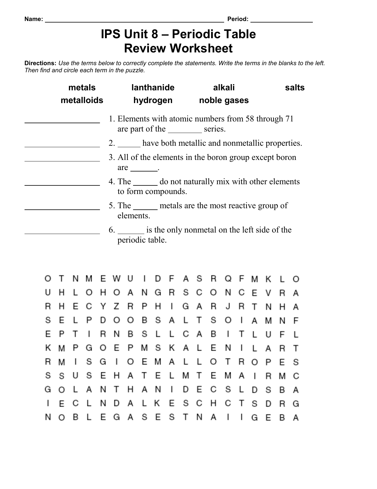 IPS Unit 20 – Periodic Table Review Worksheet In Periodic Table Puzzle Worksheet