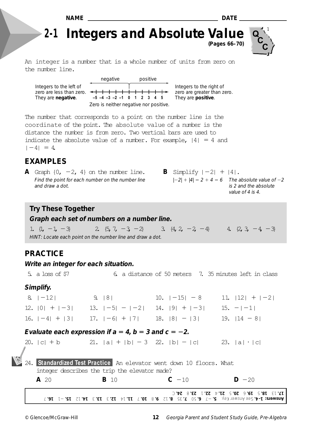 24-24 Integers and Absolute Value With Regard To Integers And Absolute Value Worksheet