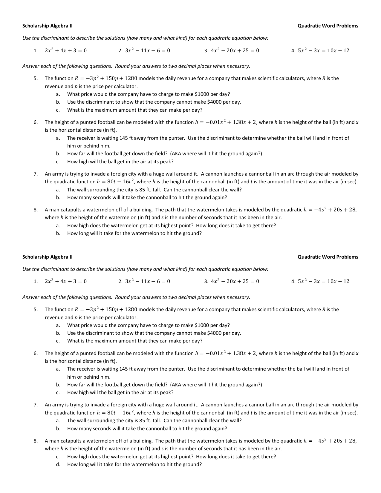Scholarship Algebra II Quadratic Word Problems Use the Throughout Quadratic Word Problems Worksheet