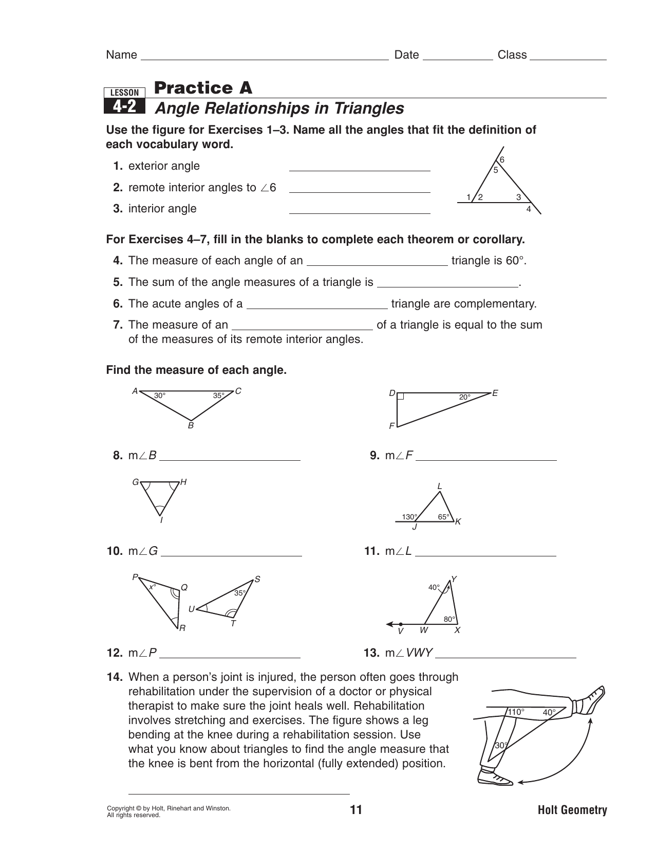 4 2 Practice A Angle Relationships In Triangles