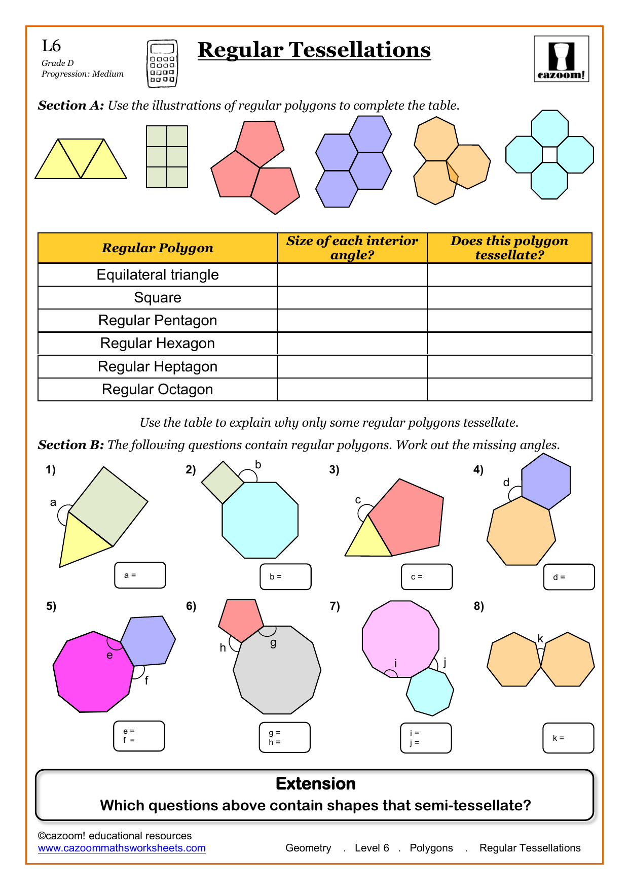 regular tessellations cazoom maths worksheets
