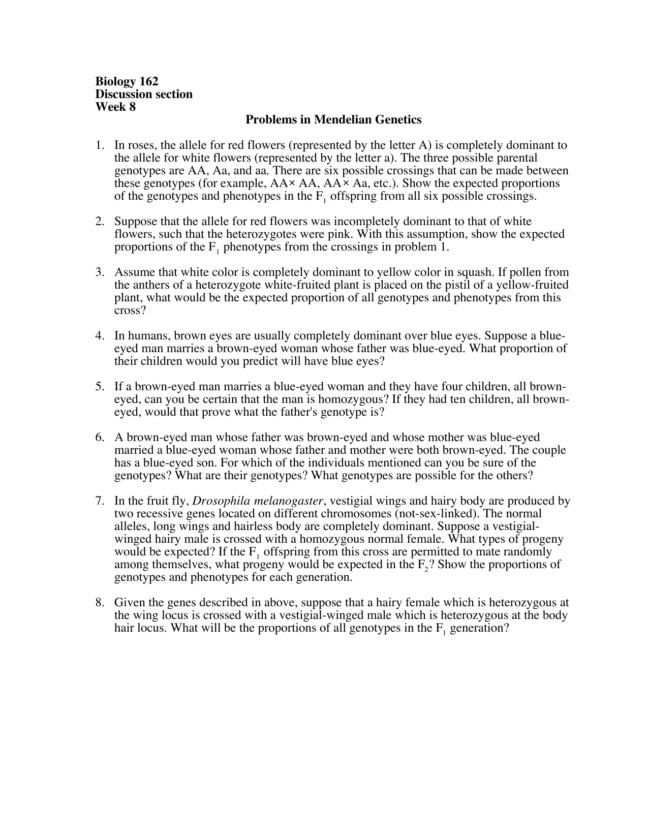 Biology 162 Discussion Section Week 8 Problems In Mendelian