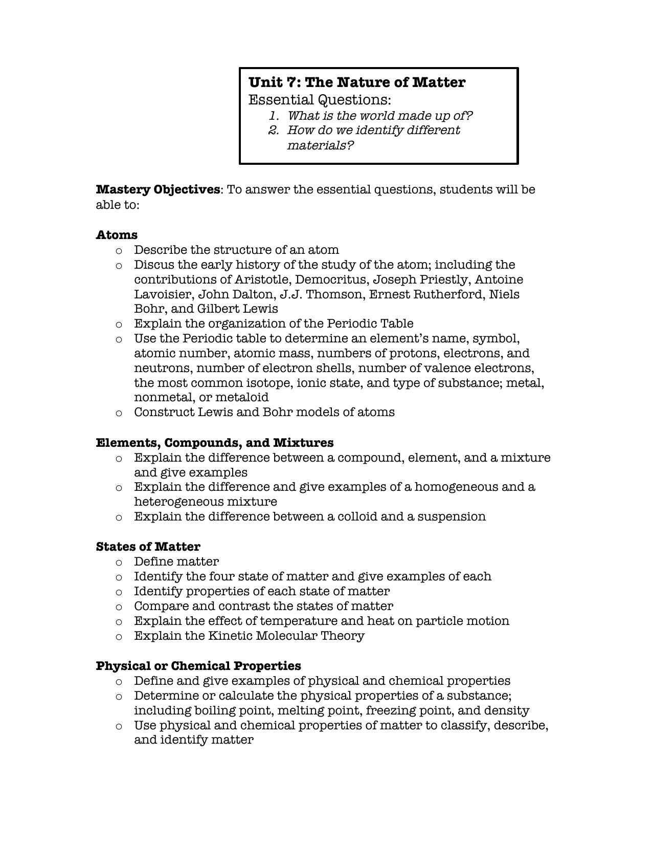 Unit 7 The Nature Of Matter Essential Questions
