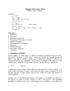 Chapter 10 Lecture Notes 1. Definition of Fluids