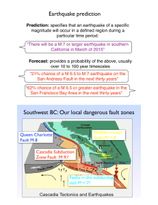 Earthquake prediction Southwest BC: Our local