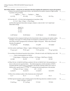 College Chemistry I PHS 1025 Fall 2012 Practice Exam 3A