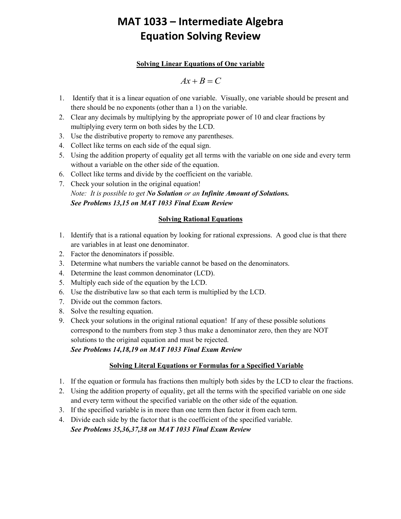 Mat 1033 Intermediate Algebra Equation Solving Review