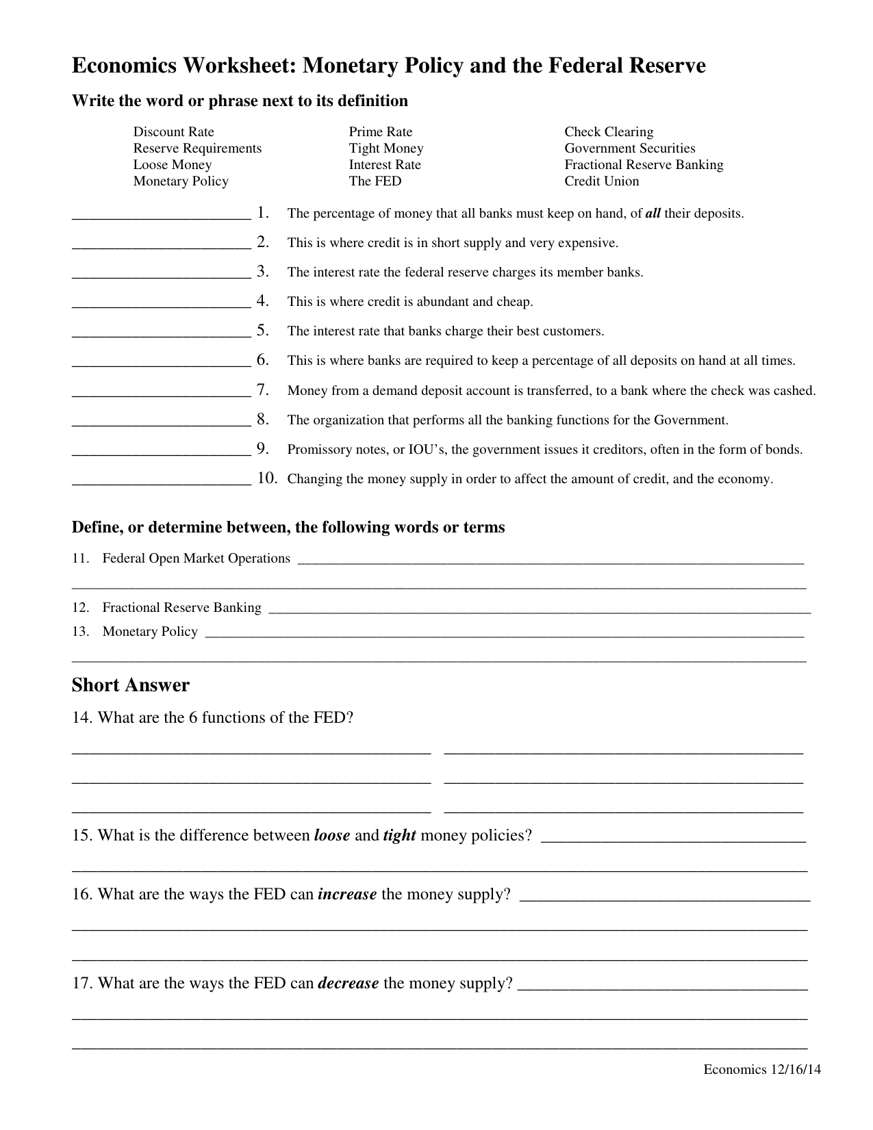 Banks Credit And The Economy Worksheet Answer Key - Credit Walls With Regard To Monetary Policy Worksheet Answers