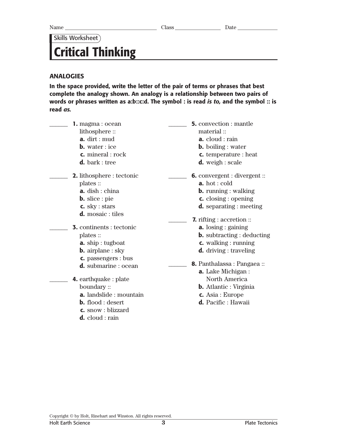 Critical Thinking - Leon County Schools Inside Skills Worksheet Critical Thinking Analogies