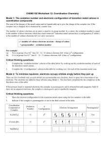 CHEM1102 Worksheet 12: Coordination Chemistry Model 1: The