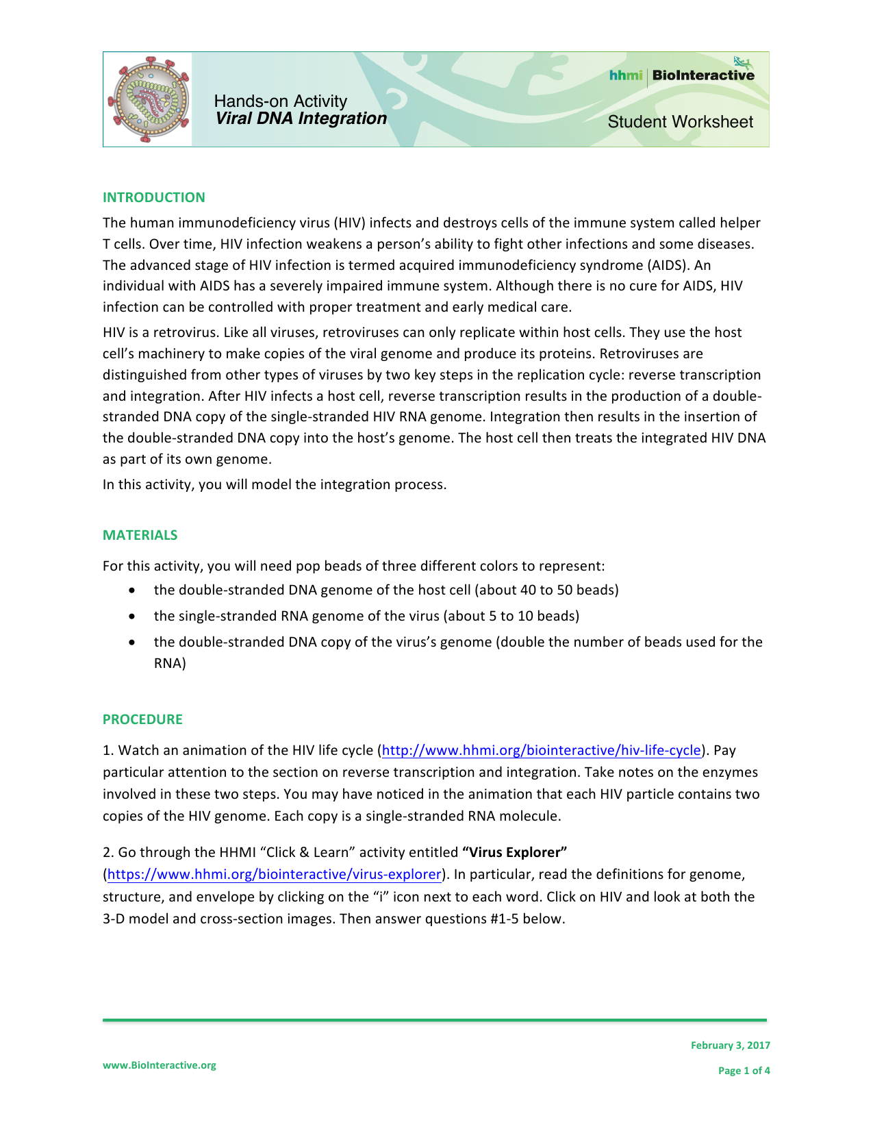 Student Worksheet Hands On Activity Viral Dna Integration