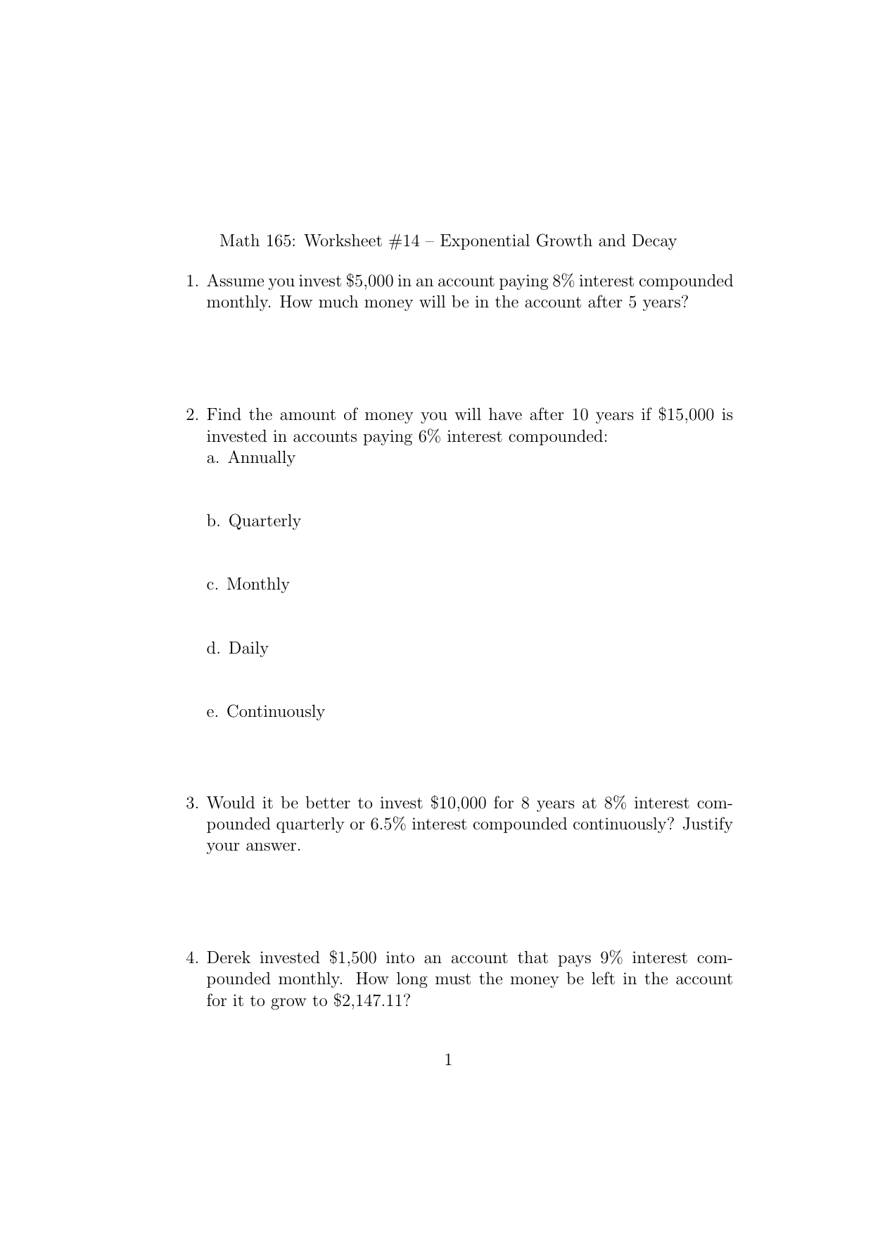 Math 23: Worksheet #23 – Exponential Growth and For Growth And Decay Worksheet