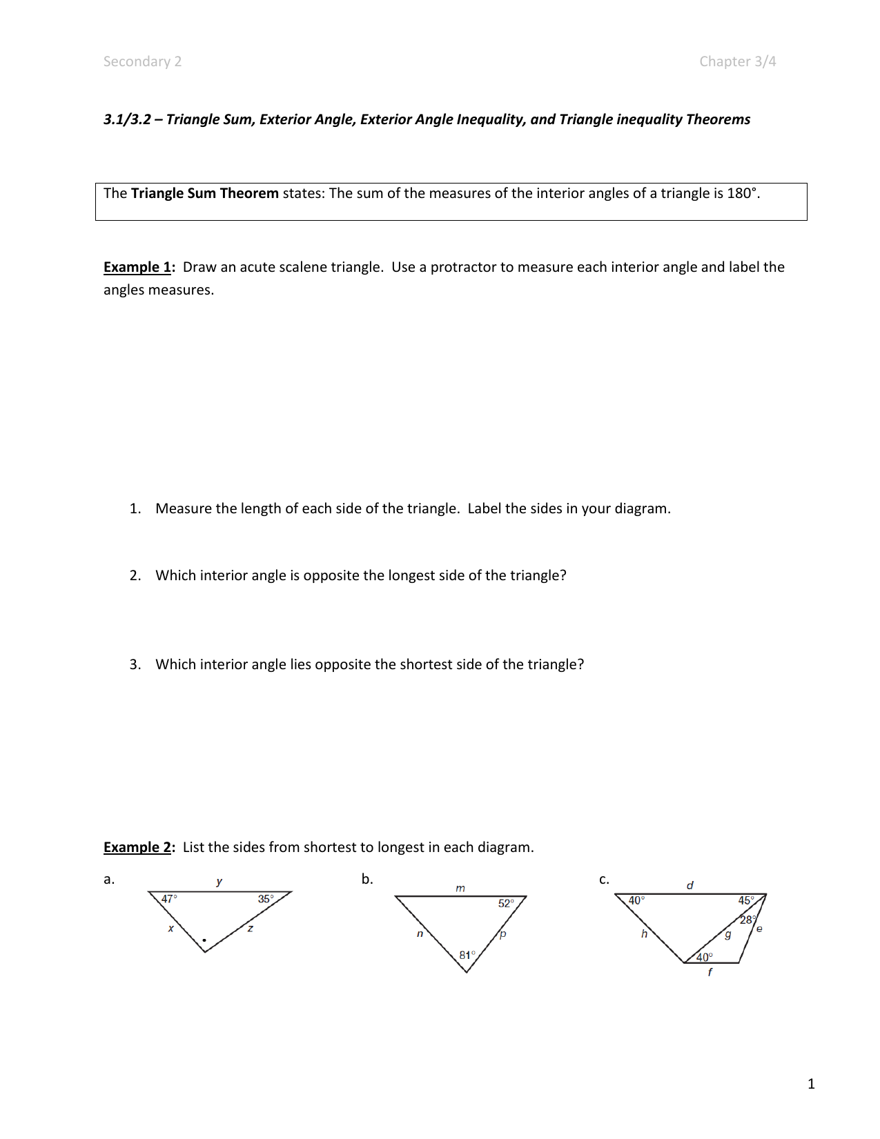 Secondary 2 Chapter 3 4 1 3 1 3 2 Triangle Sum Exterior Angle