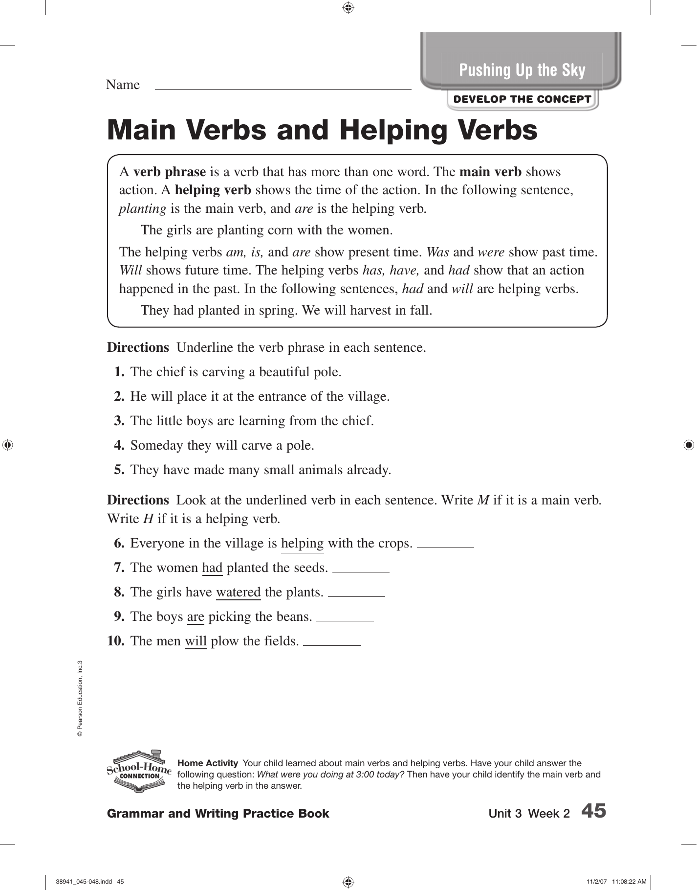 pushing up the sky main verbs and helping verbs