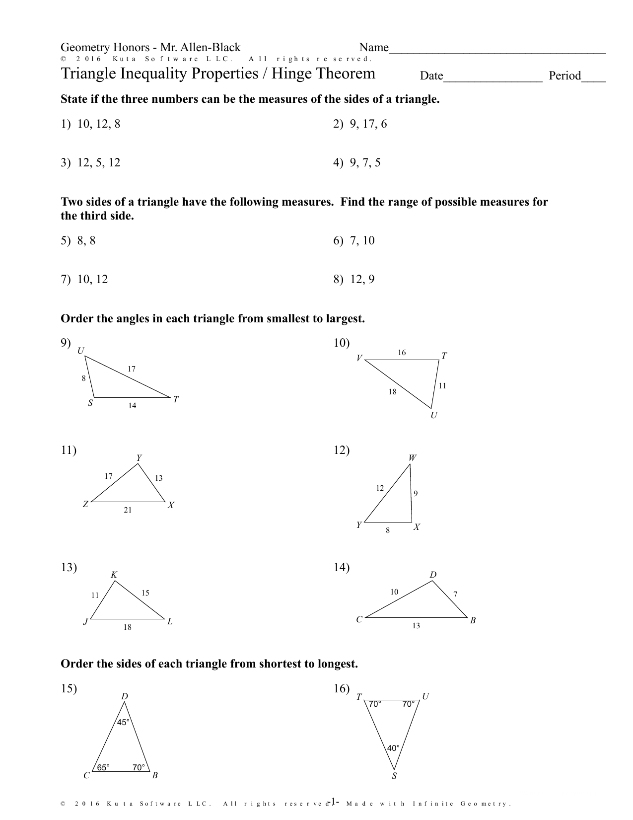 Triangle Inequality Properties / Hinge Theorem Intended For Triangle Inequality Theorem Worksheet
