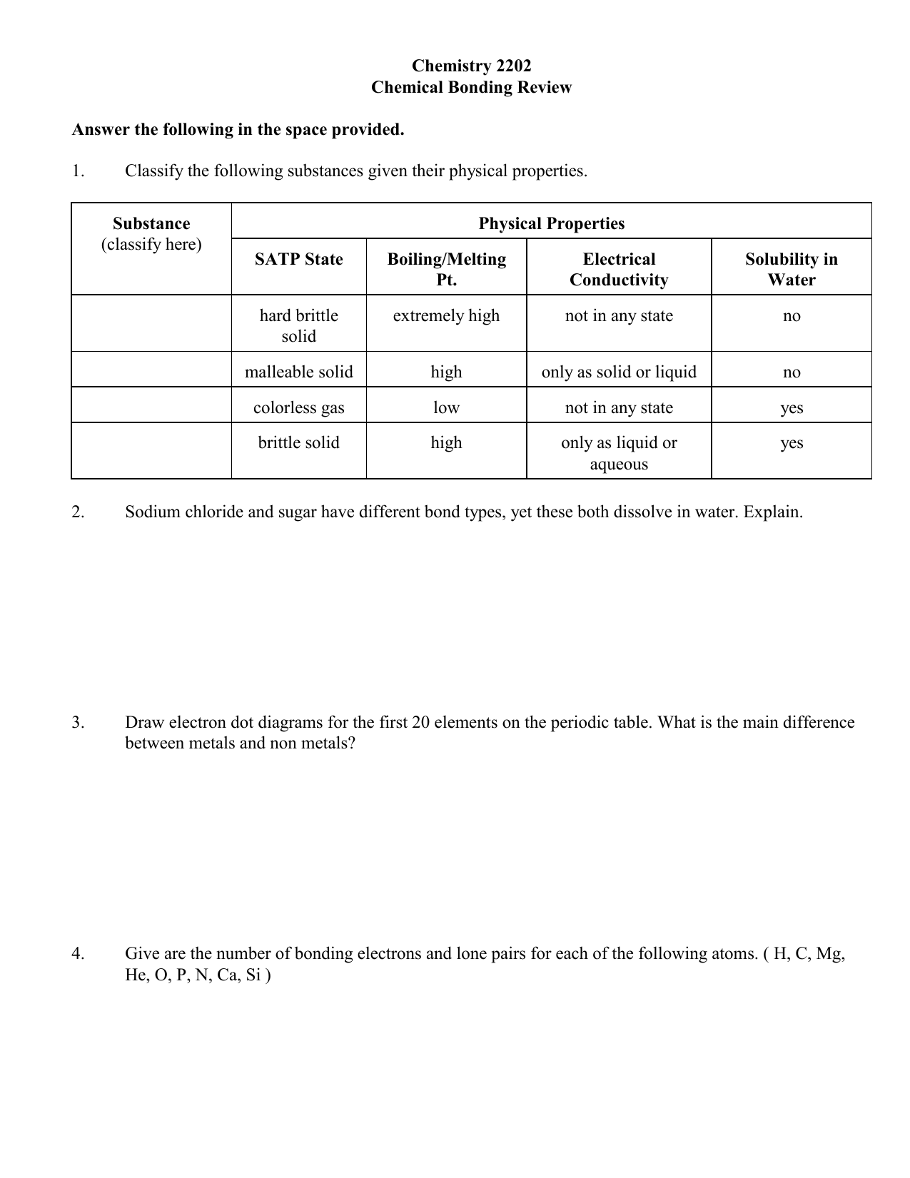 Chemistry 25 Chemical Bonding Review Answer the following in Pertaining To Chemical Bonding Worksheet Answer Key