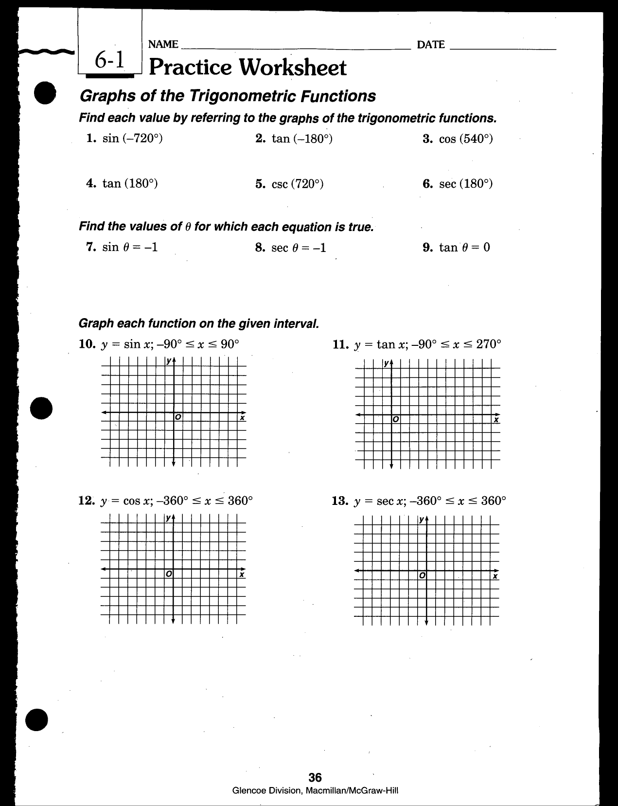 Practice Worksheets Graphing Trig Functions with Answers With Graphing Trig Functions Practice Worksheet