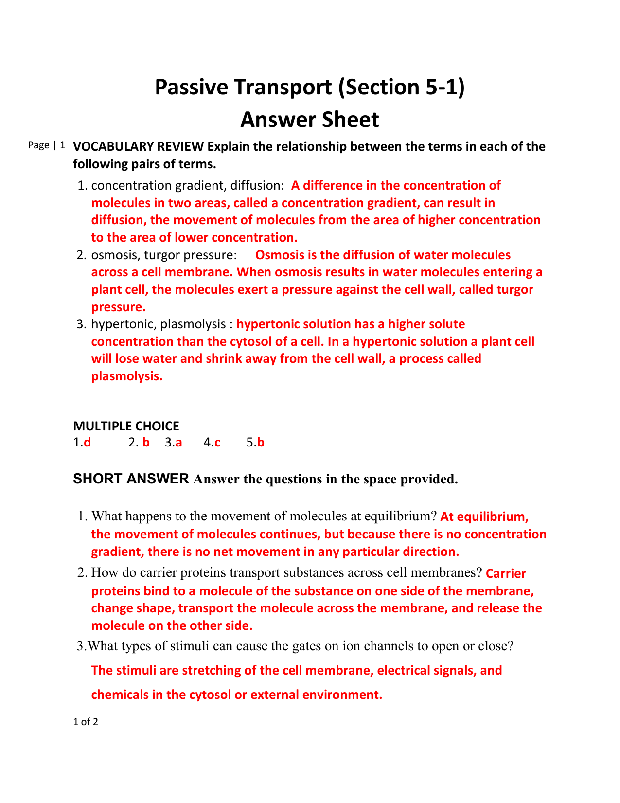 Passive Transport (Section 22-22) Answer Sheet With Passive Transport Worksheet Answers