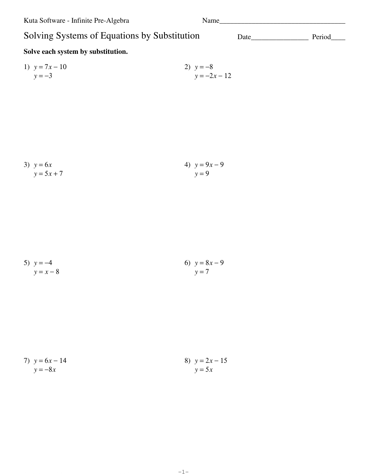 Systems of Equations by Substitution Inside Systems Of Equations Substitution Worksheet