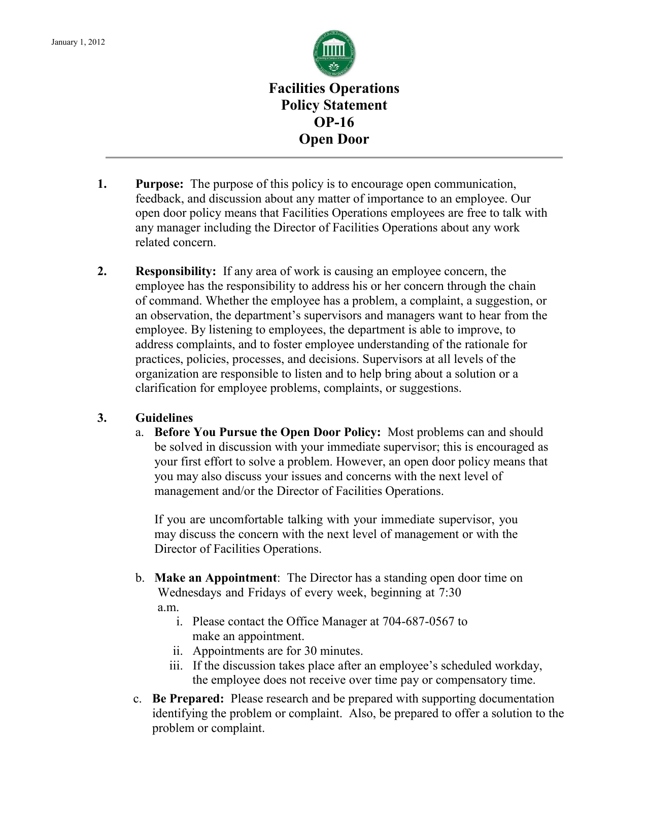 Facilities Operations Policy Statement Op