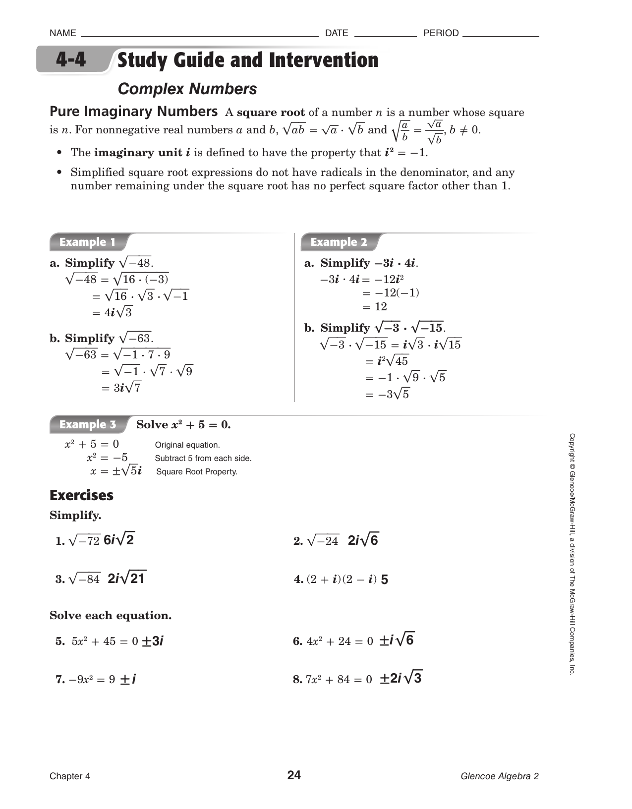 Simplifying Complex Numbers Worksheet Answer Key