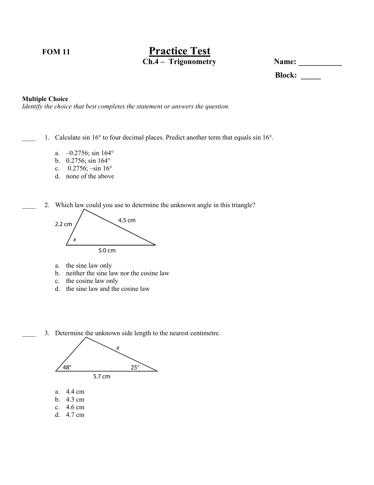 Practice Test Ch 4 Obtuse Triangle Trigonometry