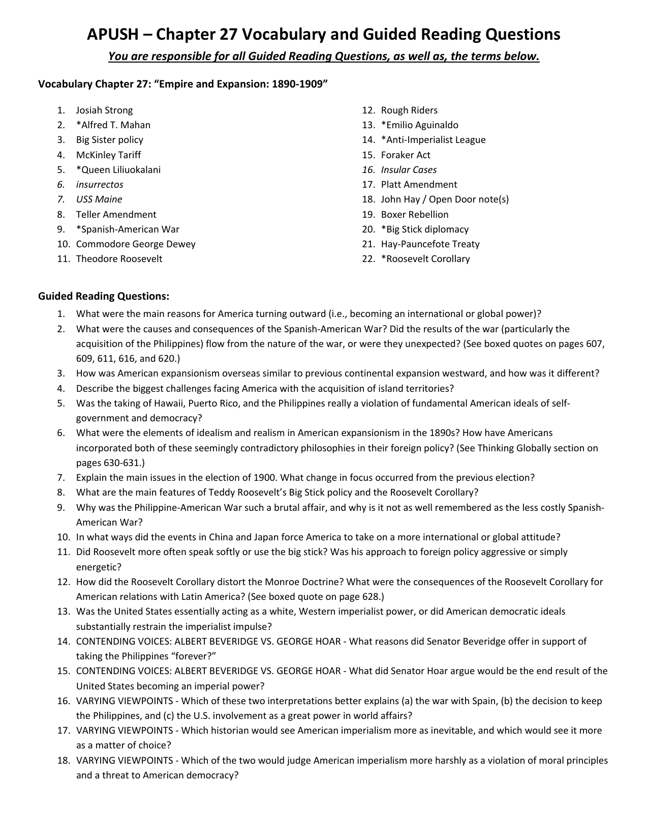 Apush Chapter 27 Vocabulary And Guided Reading Questions