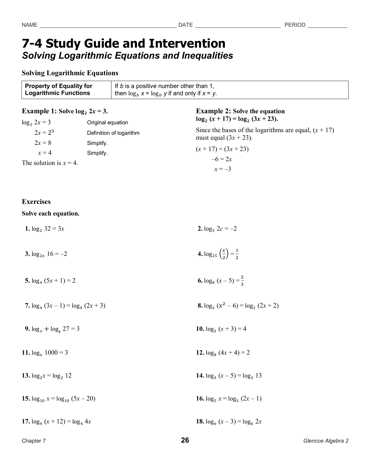 21-21 Study Guide and Intervention Solving Logarithmic Equations With Regard To Logarithm Worksheet With Answers