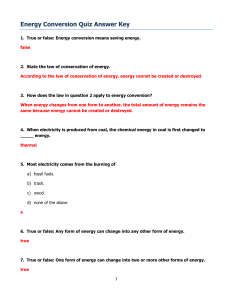 Energy Conversion Quiz Answer Key