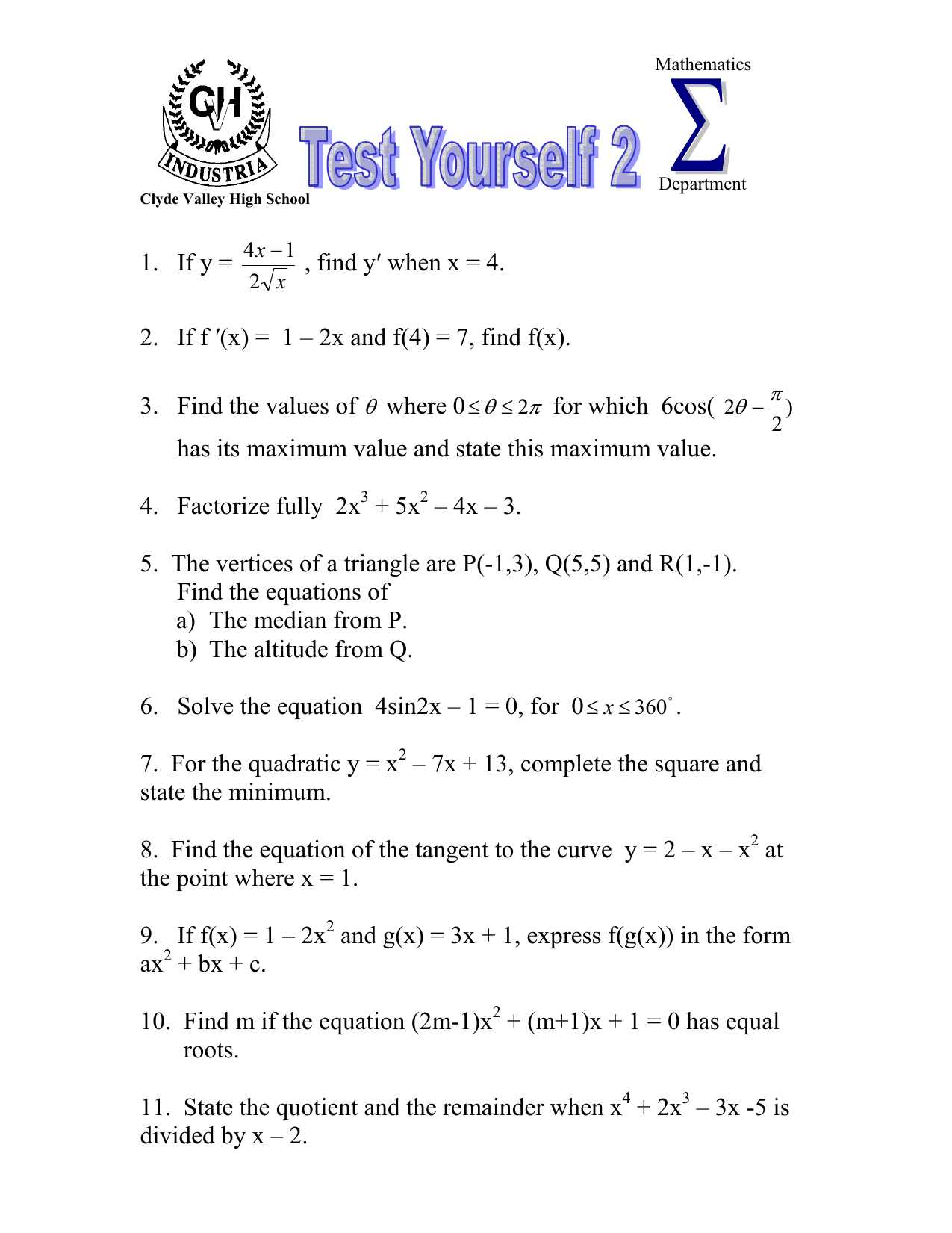 1 If Y Find Y When X 4 2 If F X 1 2x And F 4 7 Find F X