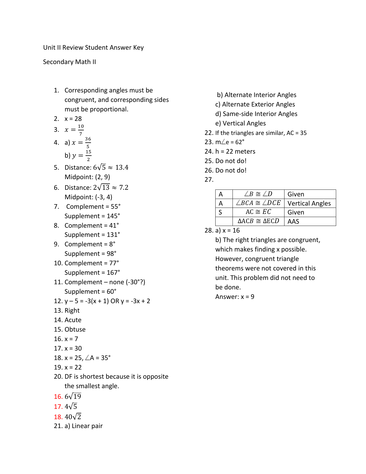 Unit Ii Review Student Answer Key Secondary Math