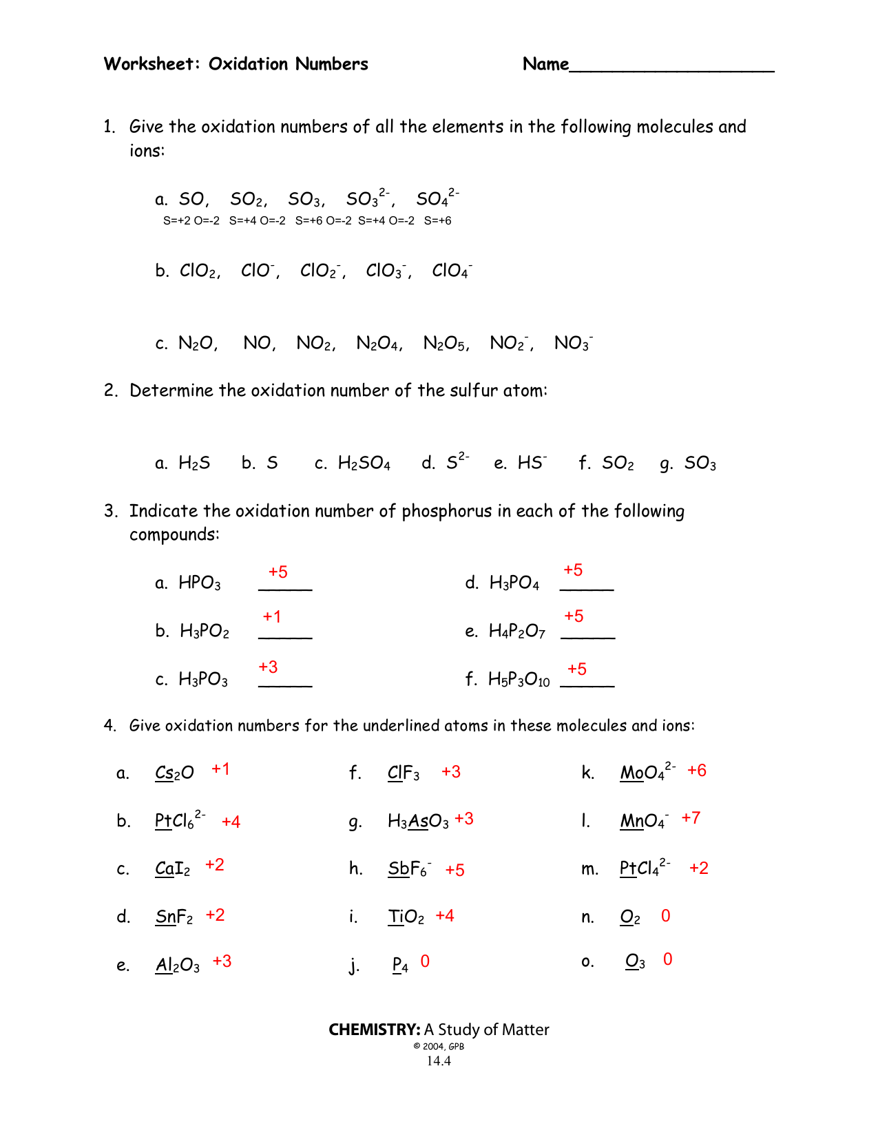 Worksheet Oxidation Numbers Answer Key