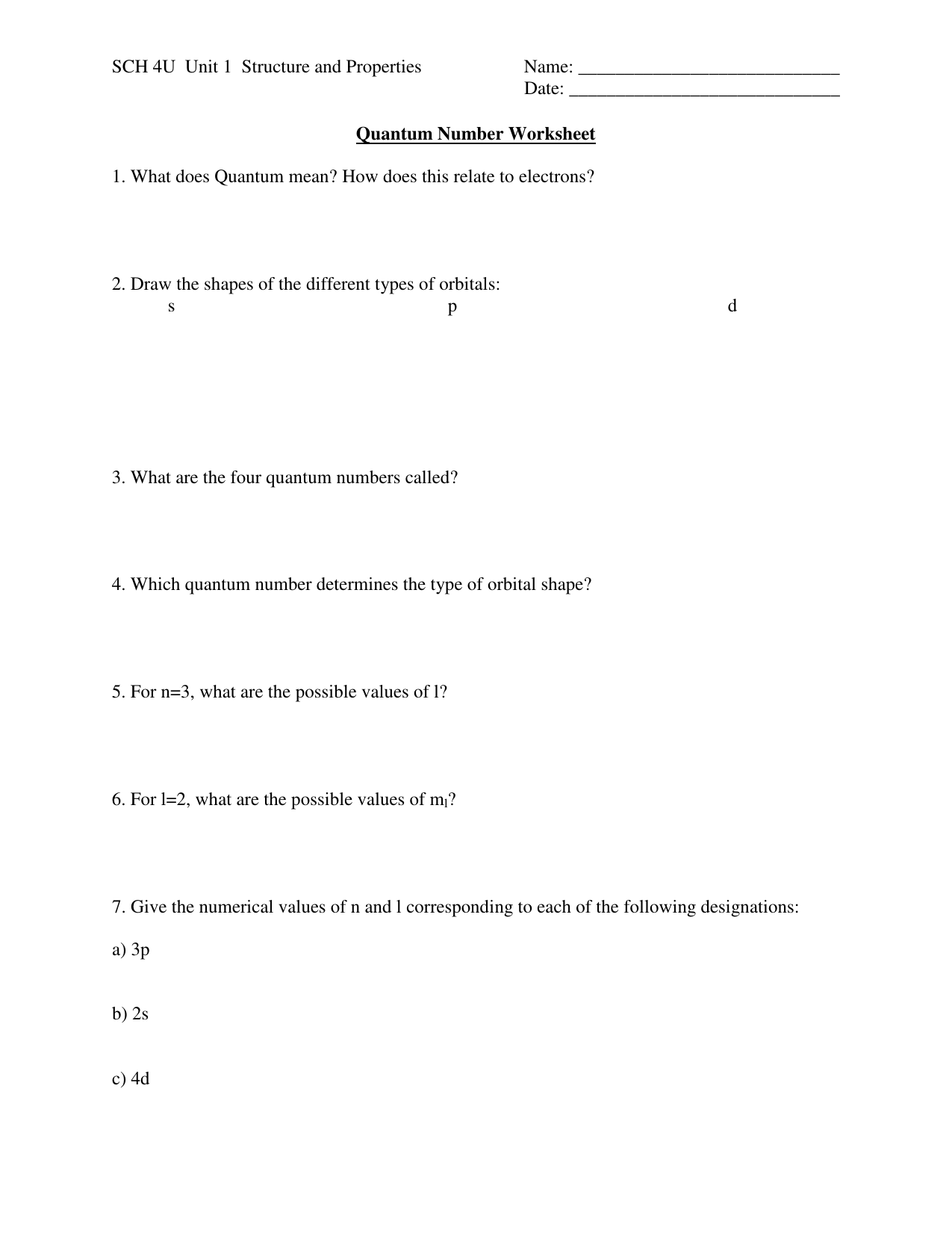 Quantum Number Worksheet - SCH25U-SCHS For Quantum Numbers Worksheet Answers