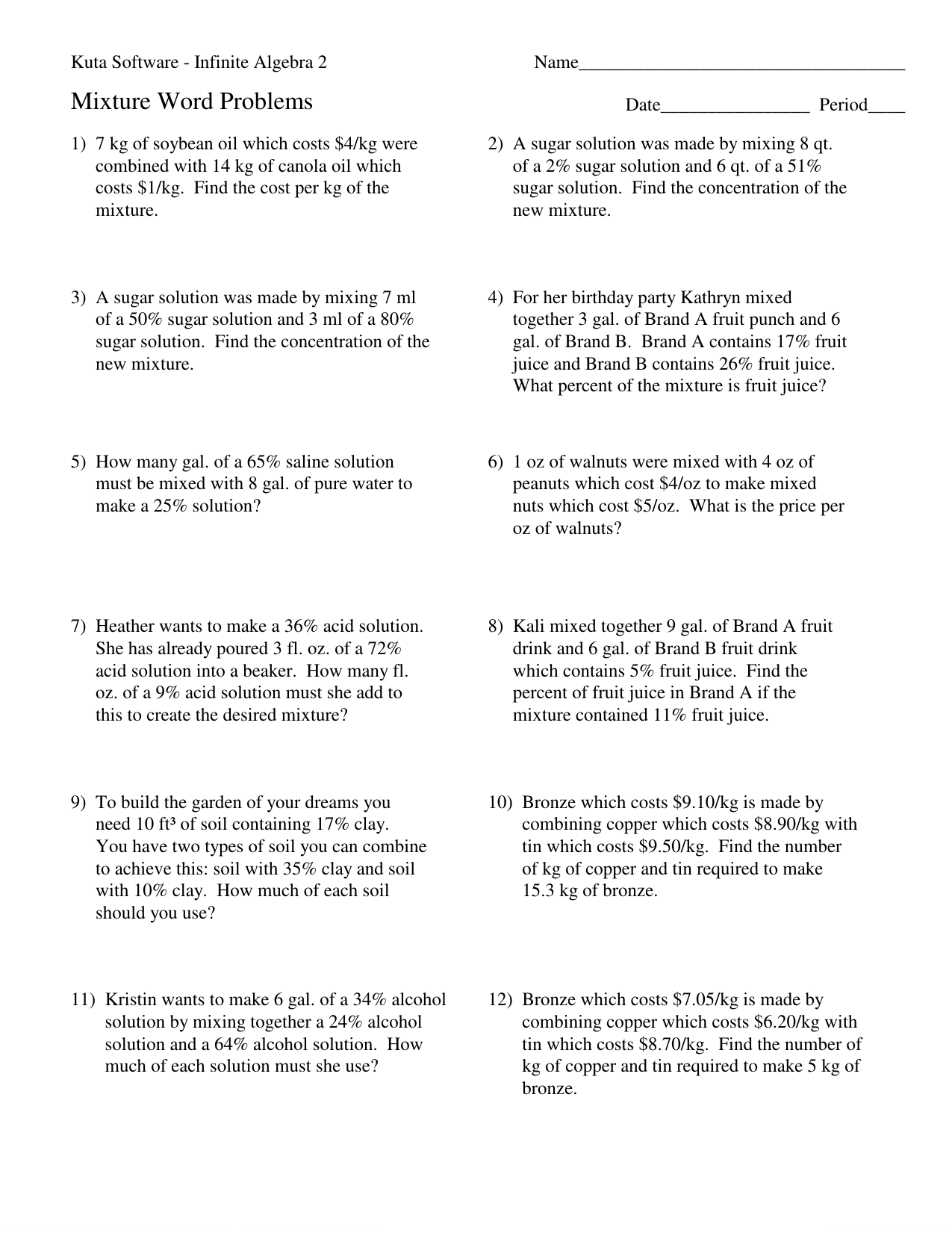 Mixture word problems Pertaining To Mixture Word Problems Worksheet