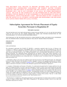 subscription agreement for a Regulation D offering