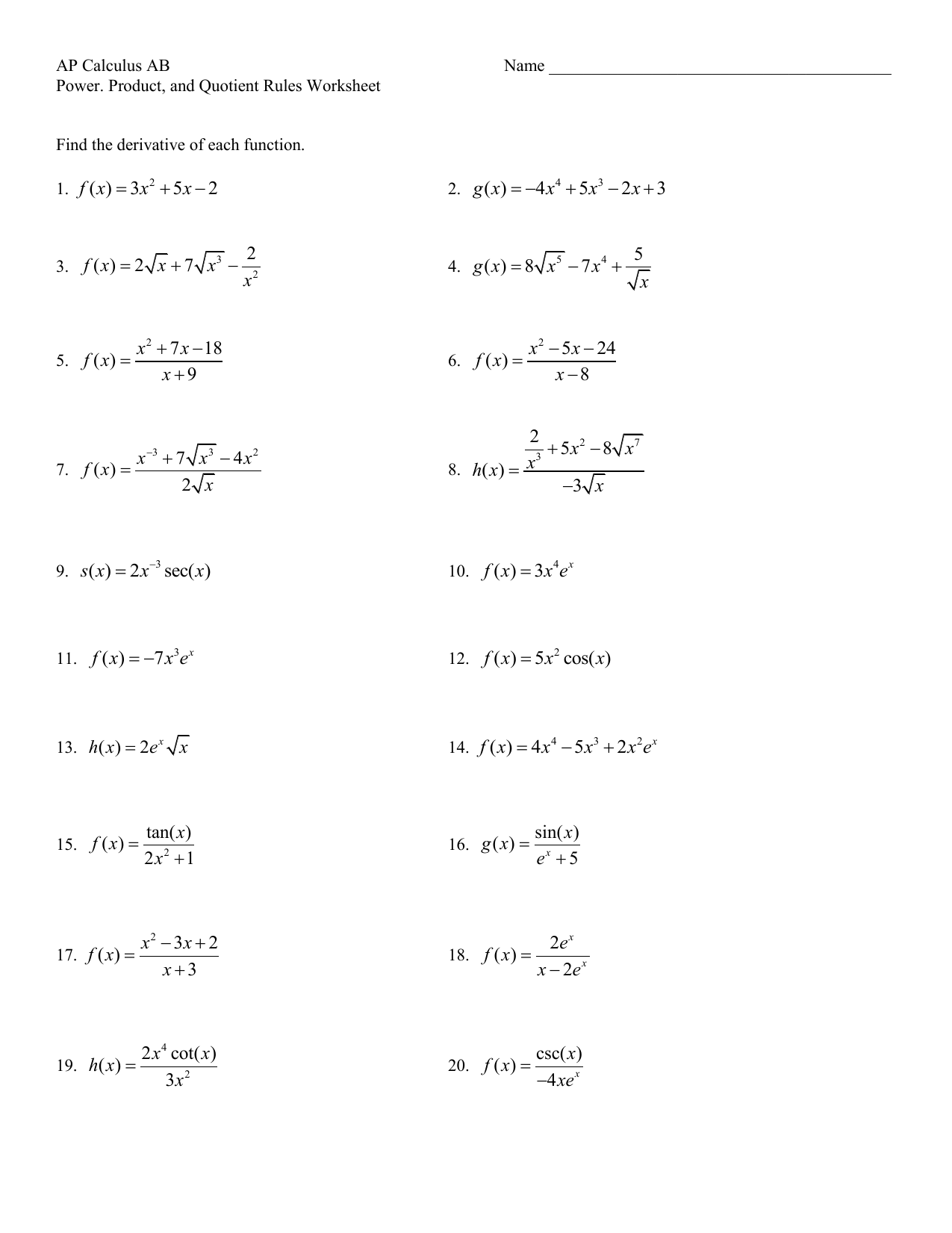 Power, Product, and Quotient Rules Worksheet Intended For Product And Quotient Rule Worksheet
