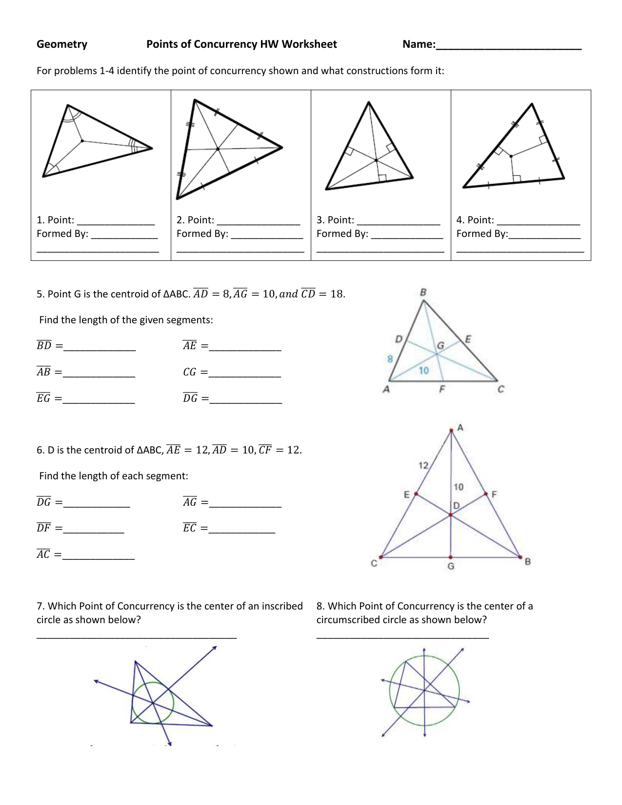 Geometry Points of Concurrency HW Worksheet Name: For With Points Of Concurrency Worksheet Answers