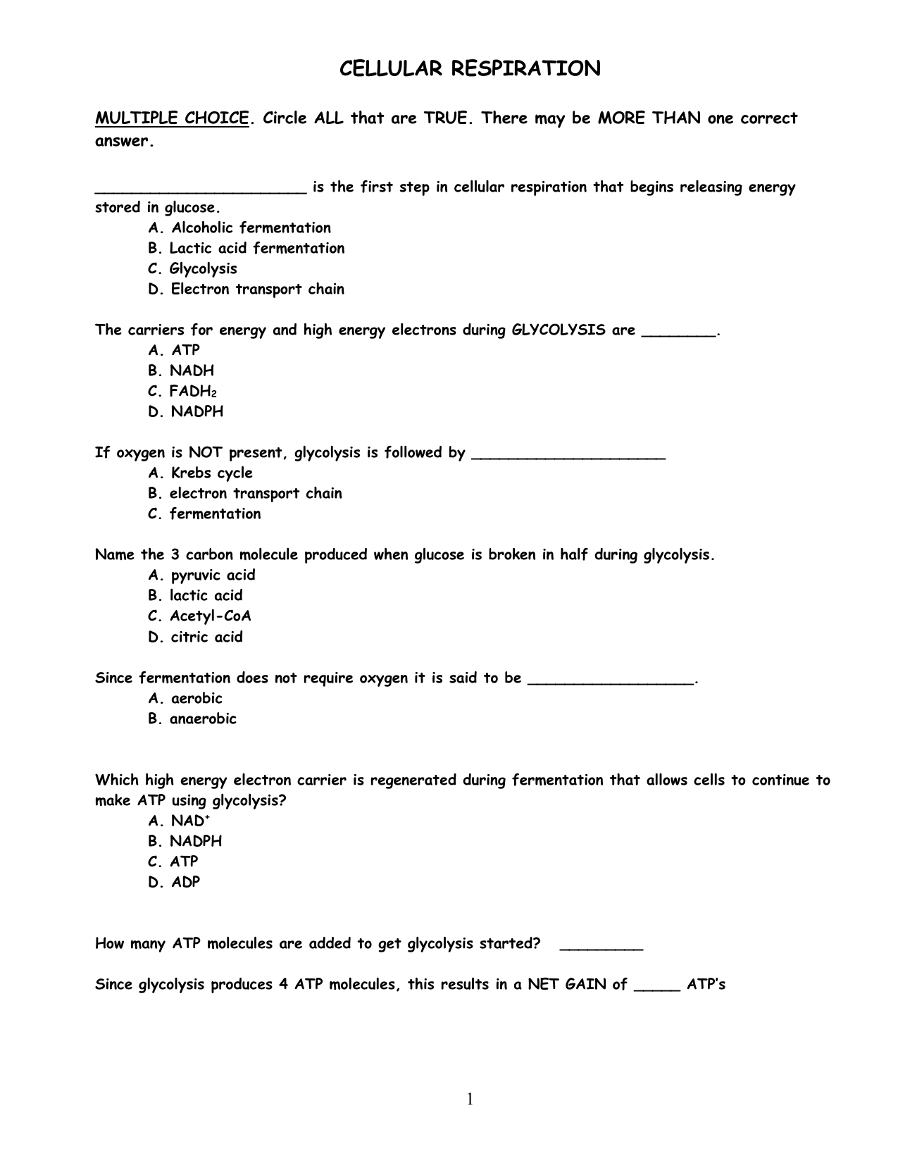 CELLULAR RESPIRATION With Regard To Cellular Respiration Review Worksheet