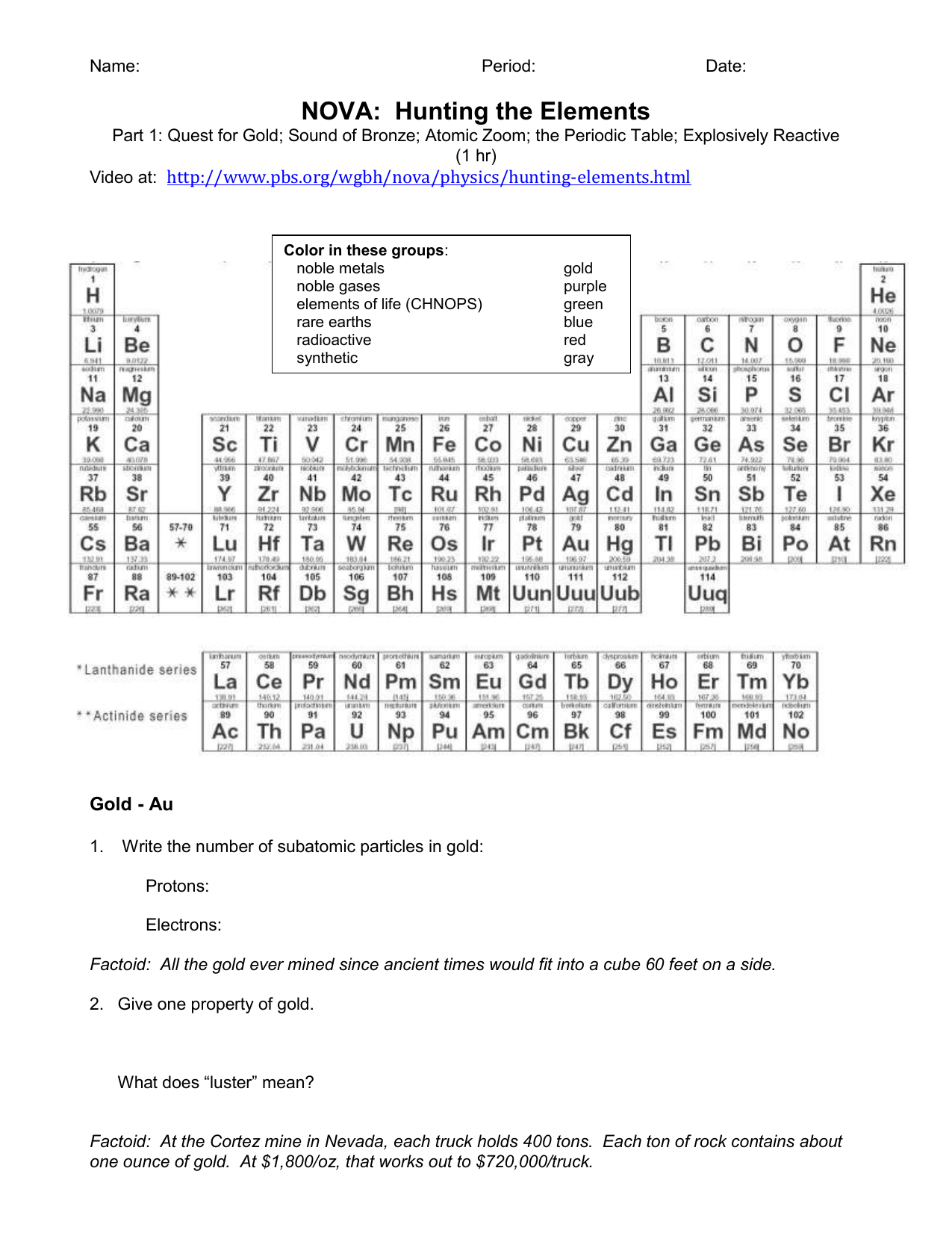 NOVA: Hunting the Elements For Hunting The Elements Worksheet Answers