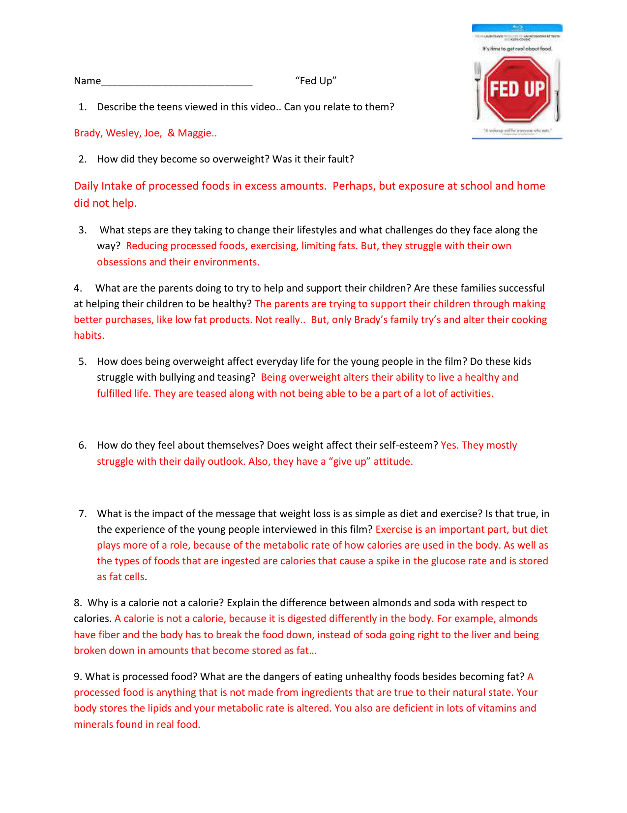Fed up" Key to questions from documentary Intended For Fed Up Worksheet Answer Key