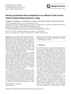 Marine geochemical data assimilation in an efficient Earth System