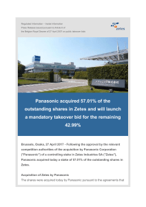 Panasonic acquired 57.01% of the outstanding shares in Zetes