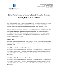 Digital Realty Increases Quarterly Cash Dividend for Common Stock