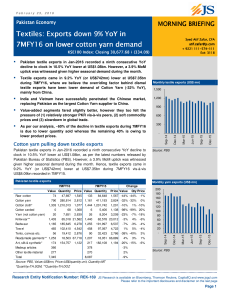 Exports down 9% YoY in 7MFY16 on lower cotton yarn demand