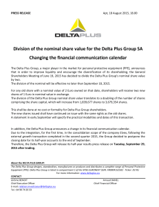 Division of the nominal share value for the Delta Plus Group SA