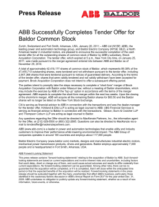 ABB Successfully Completes Tender Offer for Baldor Common Stock