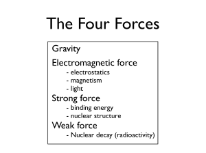 Electromagnetic force Strong force Weak force Gravity